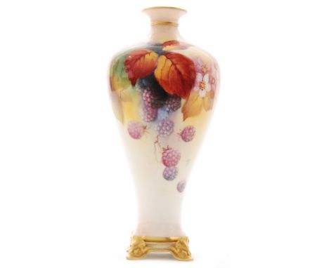 A Royal Worcester shape F106 vase of high shouldered form raised to an affixed stand, decorated by Kitty Blake with hand pain