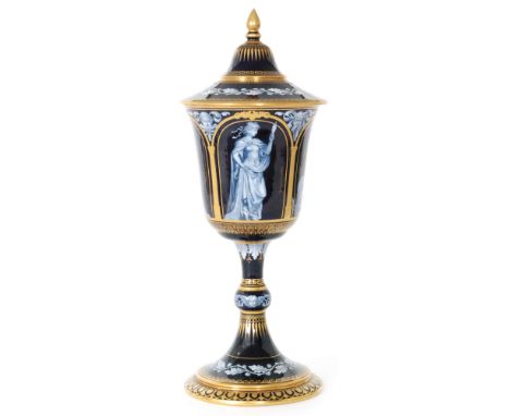 A 19th Century Kerr and Binns, Worcester 'Limoges' enamel chalice and cover hand painted by Thomas Bott, the goblet bowl deco
