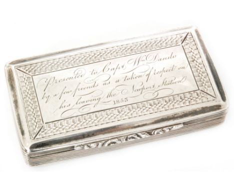 An early Victorian hallmarked silver engine turned rectangular snuff box, engraved presentation message to Capt W Dando on le