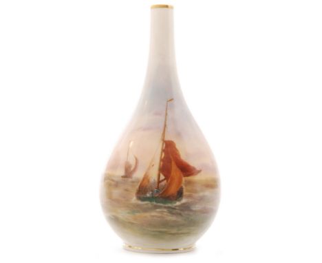 An early 20th Century Royal Worcester bottle vase panel decorated by H. Stinton with hand painted sailing boats in a seascape