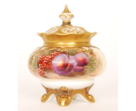 A Royal Worcester Fallen Fruits pot pourri and cover panel decorated by Smith with hand painted raspberries and plums, signed