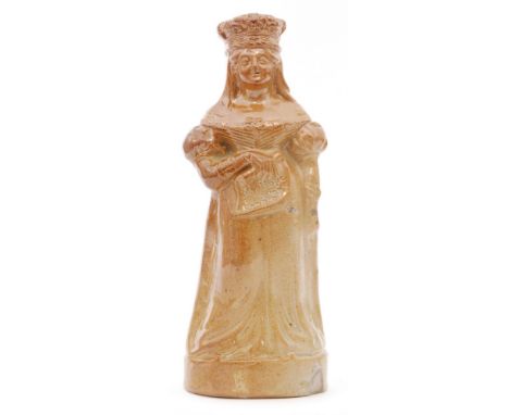 A 19th Century Doulton & Watts salt glazed decanter modelled as Queen Victoria holding a scroll impressed My Hope is in my Pe