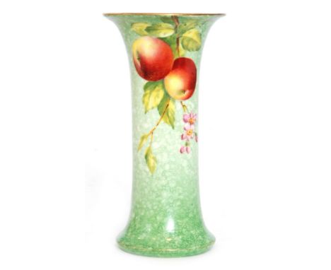 A Royal Worcester shape G923 flared vase decorated by Townsend with hand painted apples and strawberry blossom against a gree