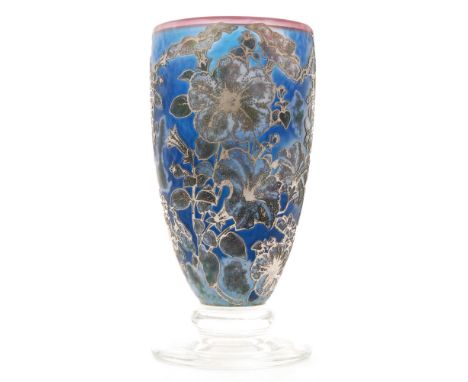 A contemporary Jonathan Harris Unique Patunia Silver Cameo glass vase of footed sleeve form, cased in silver and opal over a 