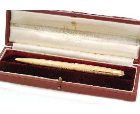 A cased 18ct hallmarked Parker biro pen with engine turned decoration to whole and vacant rectangular cartouche, length 13cm,