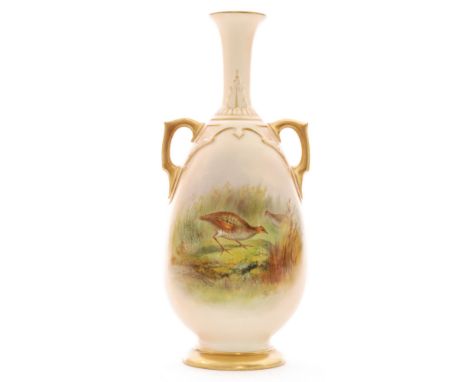 A Royal Worcester twin handled shape 1762 footed vase panel decorated by Johnson with two hand painted grouse amidst grasses,