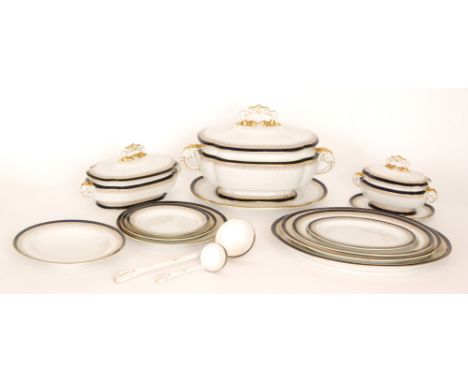 A late 19th Century Royal Worcester part dinner service comprising three graduated tureens and covers, two ladles, two vegeta
