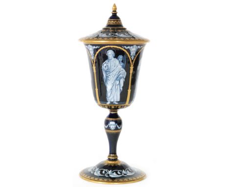 A 19th Century Kerr and Binns, Worcester 'Limoges' enamel chalice and cover hand painted by Thomas Bott, the goblet bowl deco