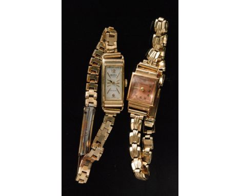 An 18ct Ancre ladies manual wind wrist watch, rose coloured square dial with Arabic numerals to a square bezel, fifteen jewel