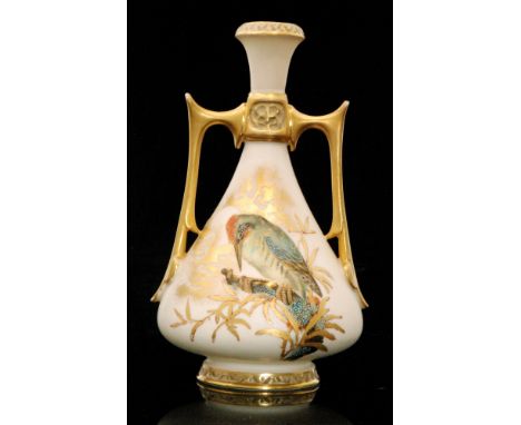 A late 19th Century Royal Worcester twin handled shape 1021 vase decorated with a gilt and enamel woodpecker perched upon a b