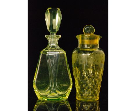 A 1930s John Walsh Walsh Uranium glass cocktail decanter, engraved in the Fruiting Vine pattern above a facet cut base to a p