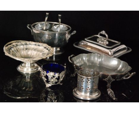 A quantity of silver plated items to include a pedestal tazza with fluted decoration, a dome topped breakfast warmer, sugar d