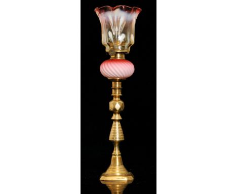 A late 19th Century peg lamp, with John Walsh Walsh Opaline Brocade glass shade of sleeve form with flared and crimped rim wi