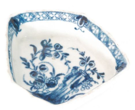 A late 18th Century First Period Worcester blue and white hors d'oeuvres section dish decorated in The Willow Rock Bird patte