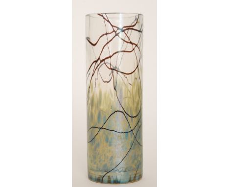 A large Contemporary Okra studio glass vase of sleeve form, decorated with whiplash amethyst trails over a graduated iridesce