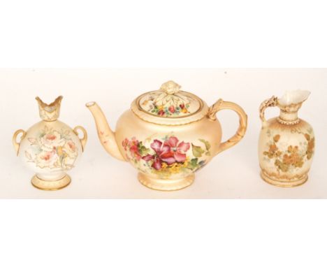 An early 20th Century Royal Worcester blush ivory teapot decorated with sprays of flowers and foliage, puce mark with date co