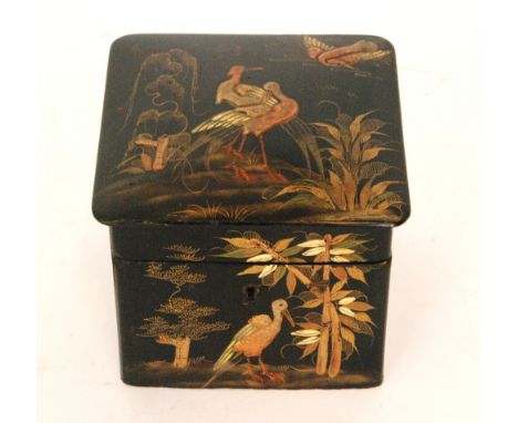 A 19th Century black lacquered single tea caddy, decorated in the chinoiserie taste with storks within a landscape setting, r