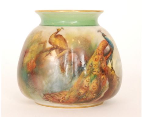 A Royal Worcester shape H158 cache pot decorated by Flexman with hand painted with two peacocks perched upon a pine cone bran
