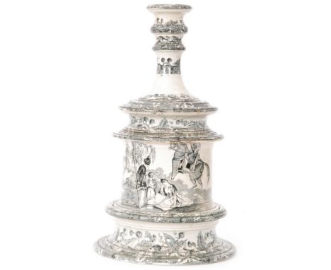A mid 19th Century Staffordshire Smoker's set comprising base, tobacco jar, cover and candlestick each decorated in a black a
