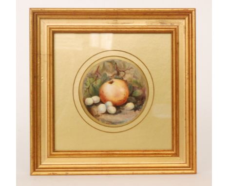 A framed Royal Worcester Fallen Fruits plaque hand painted by Sebright with an apple and gooseberries, signed, any marks obsc