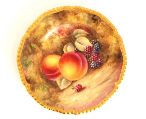 A small Royal Worcester Fallen Fruits side plate decorated by Skerrett with hand painted peaches and blackberries, signed, pr