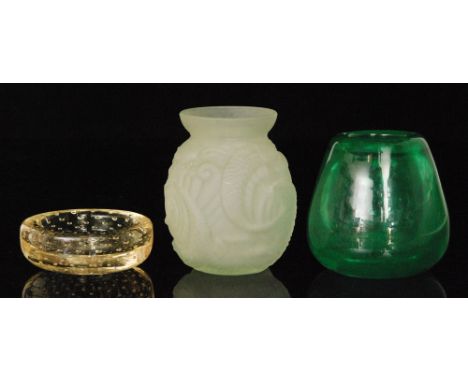 A group of 1930s glass comprising a French vase with relief moulded fish to a satin opal ground, a tapering vase with interna