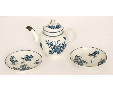 A late 18th Century First Period Worcester teapot of globular form decorated in the blue and white Three Flowers pattern, the