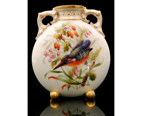 A small late 19th Century Royal Worcester moonflask vase panel decorated with a hand painted bird amidst foliage to each side