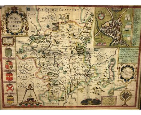 JOHN SPEEDE - 'Worcestershire', hand coloured engraving, published c. 1610, framed, 38cm x 51cm also a Saxton / Hole map of '