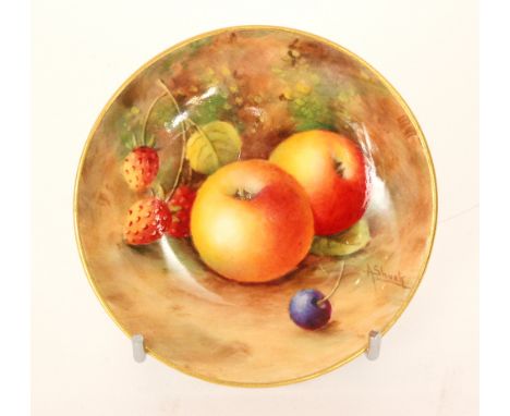 A Royal Worcester Fallen Fruits pin dish coaster decorated by Shuck with hand painted apples, strawberries and cherries, sign