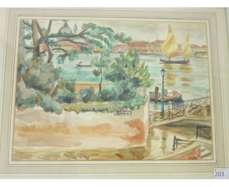 Phyllis Isobella Pearsall MBE (1906-1996),
'Chioggia sails on the Guidecca, Venice'
signed and dated '35,
pen and wash,
27.5 