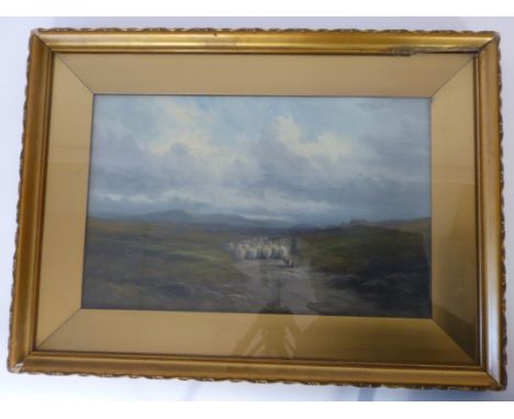 R. Harris
Shepherd and sheep in a moorland setting,
Signed lower right, 
Oil on canvas. 
54 cm x 34 cm  CONDITION REPORT: Goo
