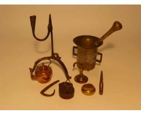 A box of assorted metalwares to include rush light, mini copper kettle, padlock, snuff box, pestle and mortar, dividers etc. 