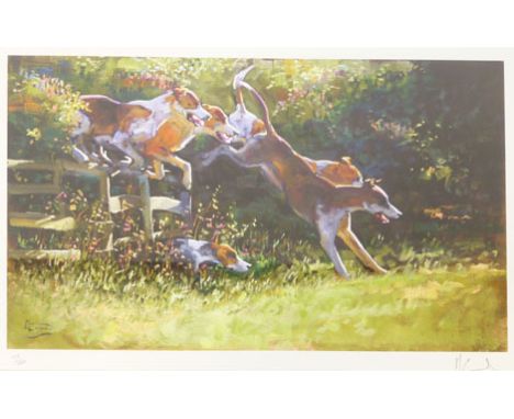 Malcolm Coward (b.1948),
a study of a group of dogs leaping a fence,
limited edition print,
signed in pencil to mount,
29 x 4
