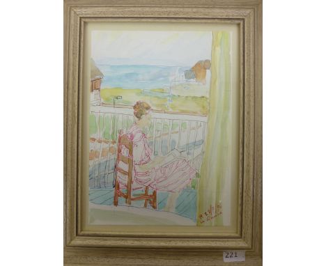 Phyllis Isobella Pearsall MBE (1906-1996),
'Esme reading on the balcony' or 'La Liseuse',
initialled and dated 23/7/94,
water