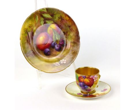 A Royal Worcester cabinet plate decorated with fruits, signed H.H. Price, pdcm 1932, d. 14.5 cm, together with a cup and sauc