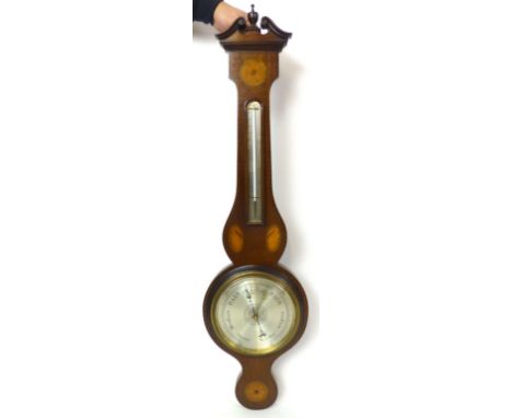 A reproduction mahogany and marquetry inlaid banjo barometer, the swan neck pediment above a mercury thermometer with glazed 