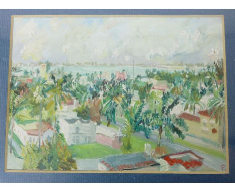 Phyllis Isobella Pearsall MBE (1906-1996),
'Miami Beach',
initialled,
oil on board,
12 x 16.5 cm,
together with another 'Palm