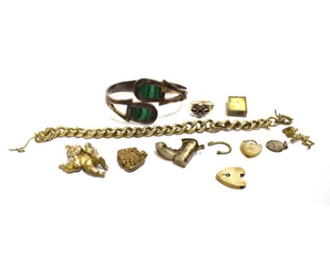 VARIOUS ITEMS OF SILVER JEWELLERY To include a hinged cuff style bangle with polished malachite terminals, a solid curb link 