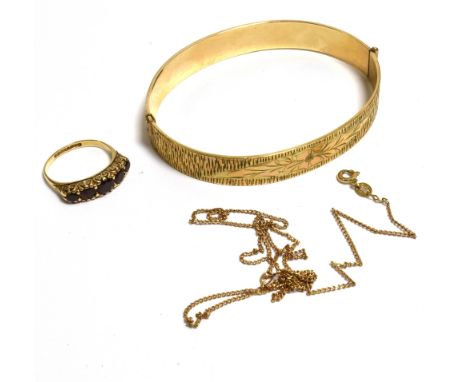 9CT RING &amp; CHAIN WITH ROLLED GOLD BANGLE 50cm long curb link chain necklace, pyrope garnet set five stone ring,  size K 1