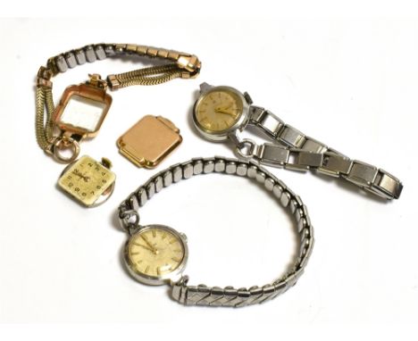 THREE LADIES VINTAGE OMEGA WRISTWATCHES One 17mm cushion shaped, 80 microns gold plated with expanding bracelet, 15 jewels, m