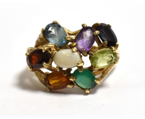 9CT GOLD MULTI GEM STONE DRESS RING 15.3mm wide x 20.4mm long, claw set head featuring numerous oval cut gem stones, includin