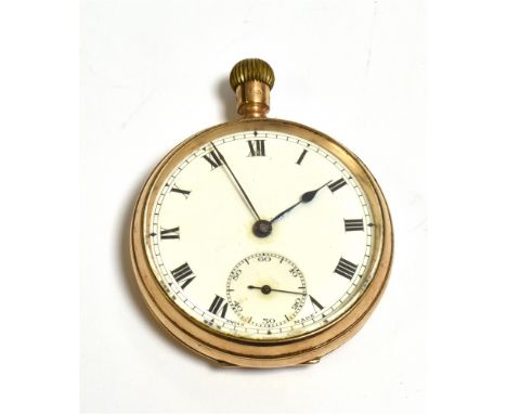 9CT GOLD OPEN FACE POCKET WATCH 48.2mm diameter round open face case, white enamel dial, black romans and seconds subdial at 