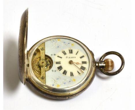 ANTIQUE 8 DAY LONG WIND HEBDOMAS SILVER POCKET WATCH 49.0mm silver cased hunter, pale blue enamel &amp; gilded scroll dial, L