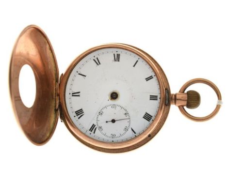 9ct gold half hunter-cased pocket watch, white Roman dial with subsidiary at VI, top-wound movement, front door with blue ena