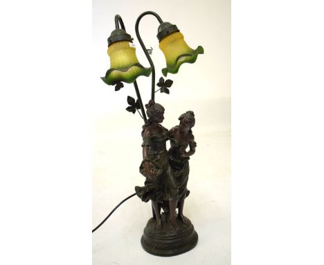 Reproduction bronzed figural table lamp modelled as two young ladies arm-in-arm beneath two tinted glass shades, 65.5cm high 
