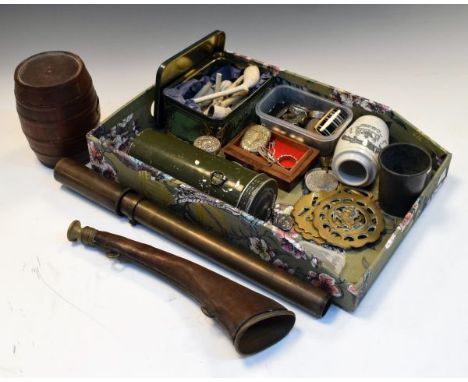Assorted collectables to include; a wooden barrel made from the timber of HMS Terrible, together with World War II era Model 