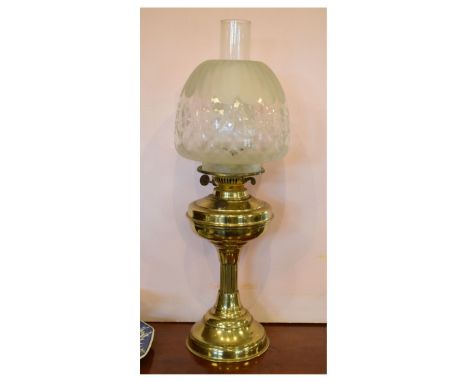 Brass paraffin/oil lamp with frosted glass shade  