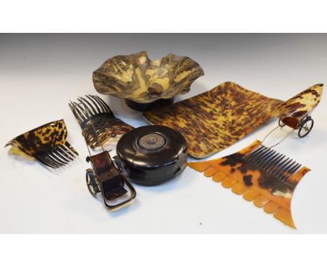 Group of antique tortoiseshell items to include bowl, circular pot, model carriages, combs, lorgnettes, etc  