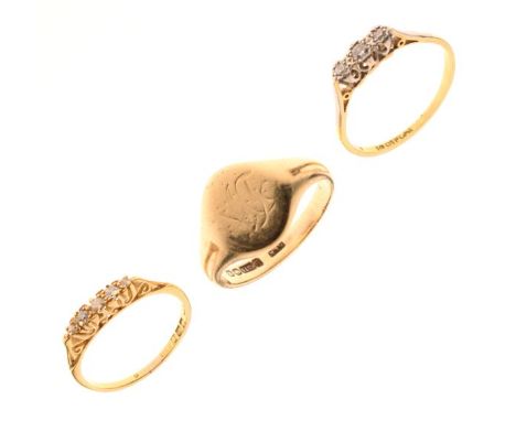 Three various rings comprising: yellow metal and three-stone diamond dress ring stamped 18ct Plat, size R, 18ct gold five-sto